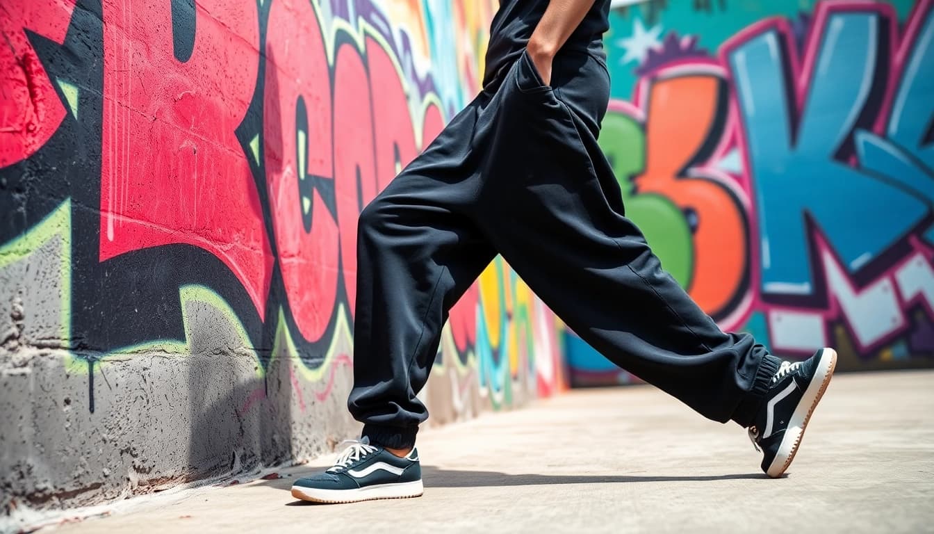 Model showcases black baggy sweatpants in an urban outfit, radiating casual style.