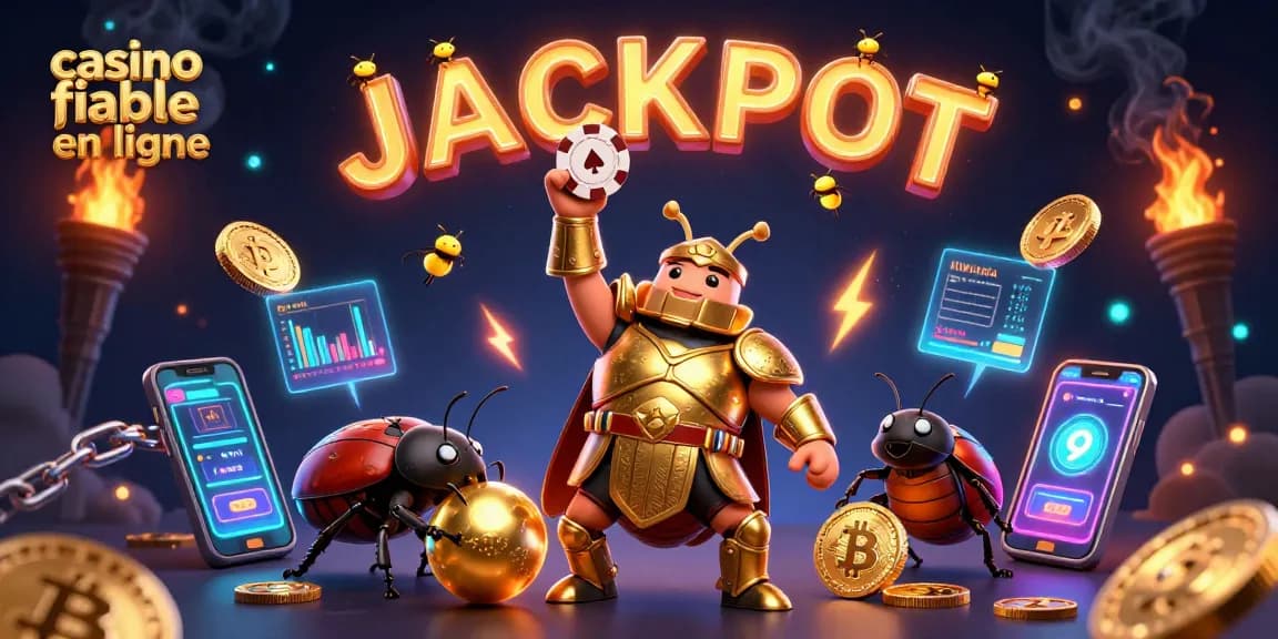 Illustration d'un casino fiable en ligne avec un scarabée en armure dorée célébrant un jackpot, entouré de crypto-monnaies.