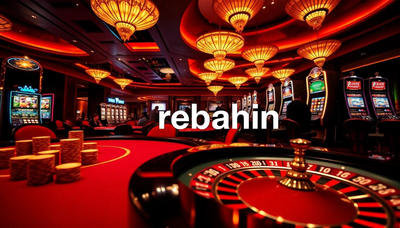 Engaging casino scene with players enjoying rebahin-themed betting at poker and roulette tables.