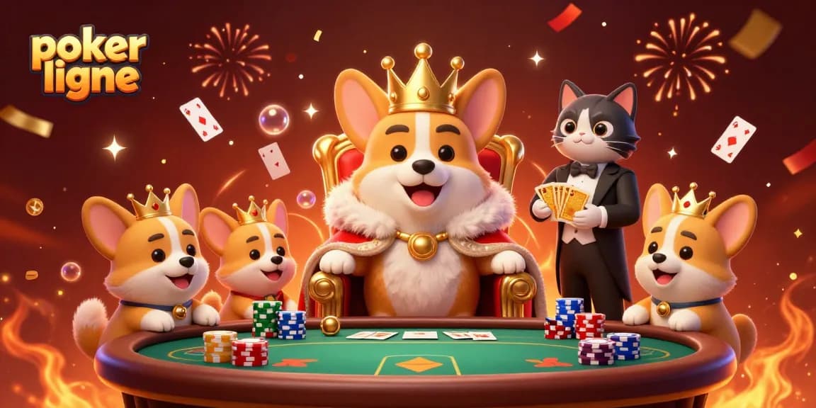 Les corgis royaux jouent au poker en ligne dans une scène dynamique de casino avec des jetons et des cartes.