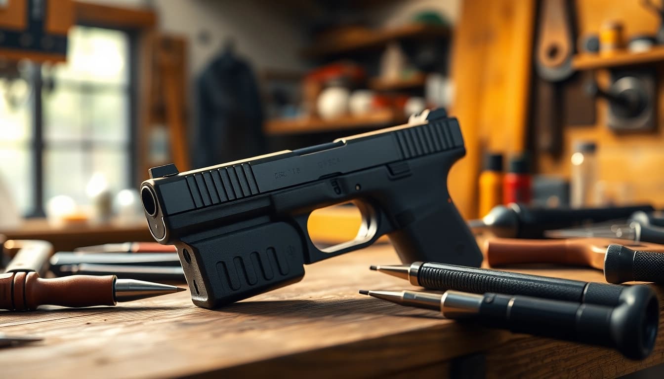 Detailed view of glock 17 slides showing metal finish and design on a workbench.