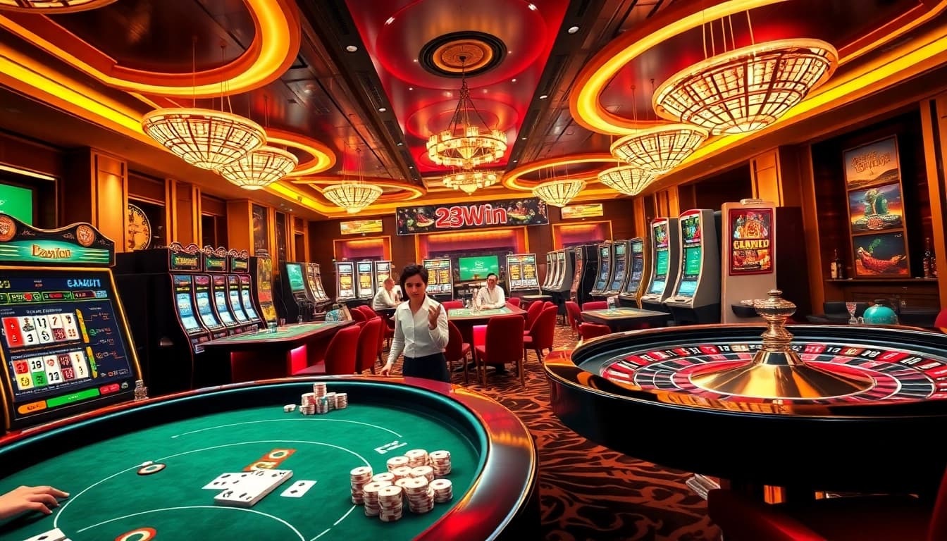 Dynamic casino scene depicting players winning at 23win with poker tables and slot machines.