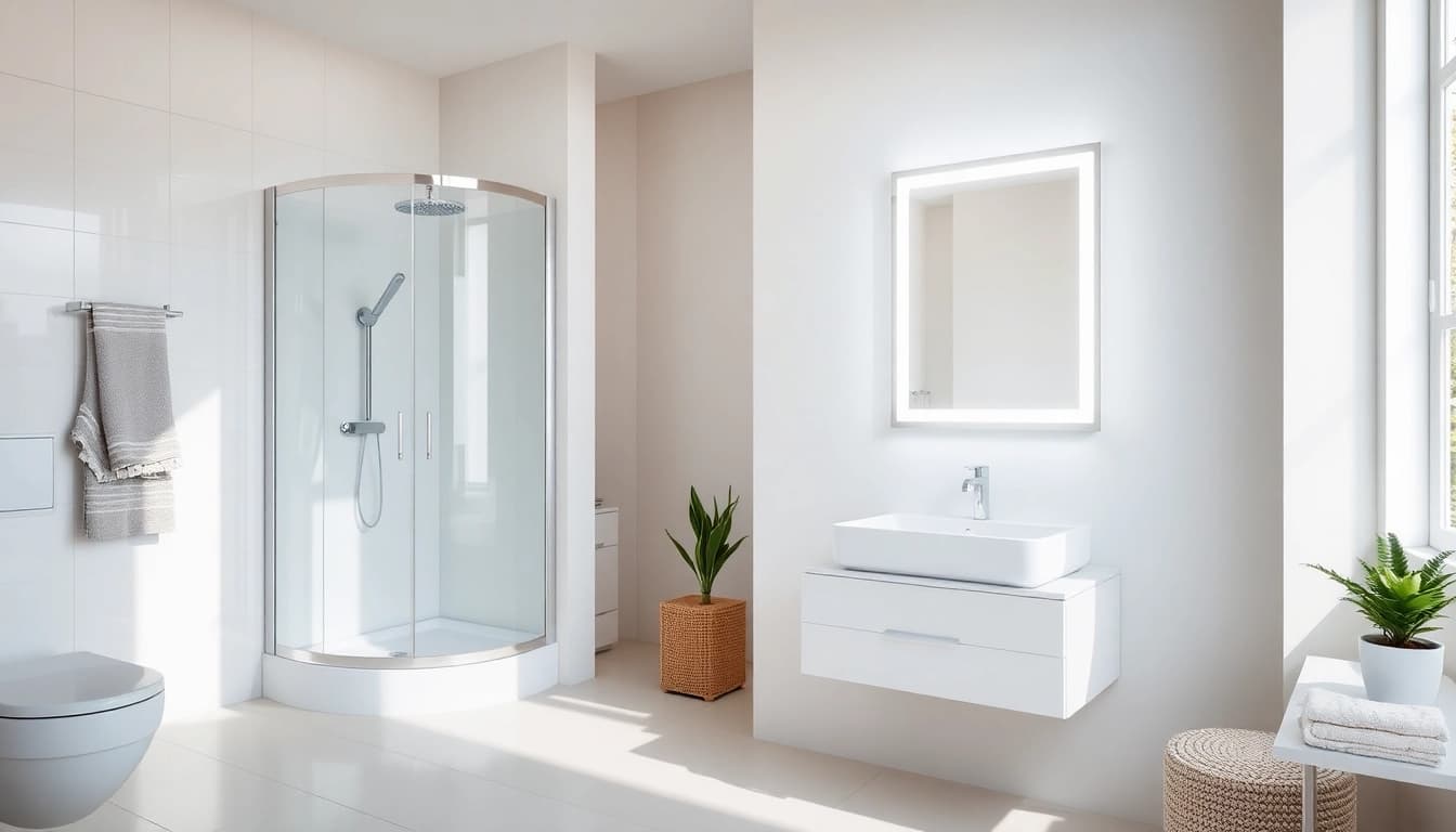 Admire the elegant LED mirror and shower cabin from sirhona France, enhancing modern bathroom aesthetics.