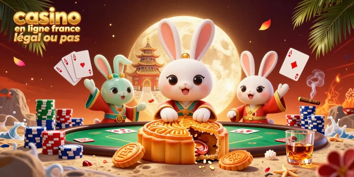 Jouer sur un casino en ligne France légal ou pas, illustré par un lapin lunaire folklorique chinois, entouré de jetons de poker et d'éléments de jeu.