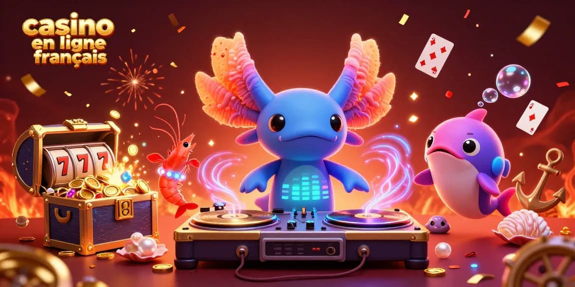 Jouez aux jeux sur le meilleur casino en ligne français avec l'axolotl DJ vibrant et des éléments ludiques.