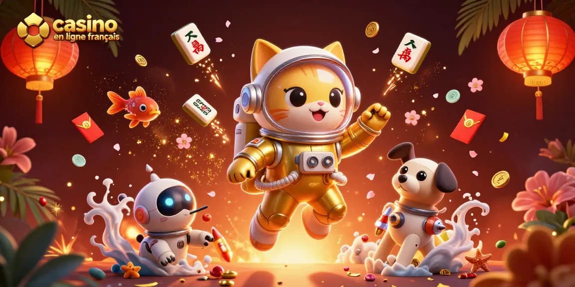 Illustration détaillée du casino en ligne francais avec un astronaute chat et un chien robot.