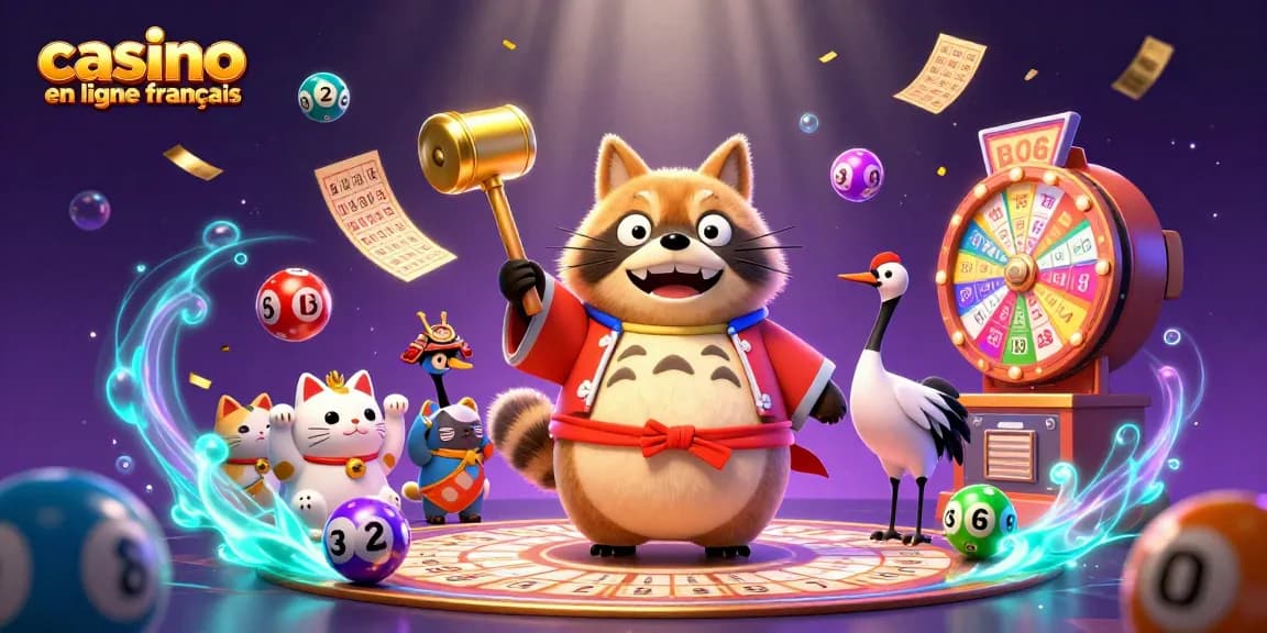 Profitez d'une expérience captivante avec le casino en ligne français, entouré de balles de loterie et de chanceux maneki-neko.
