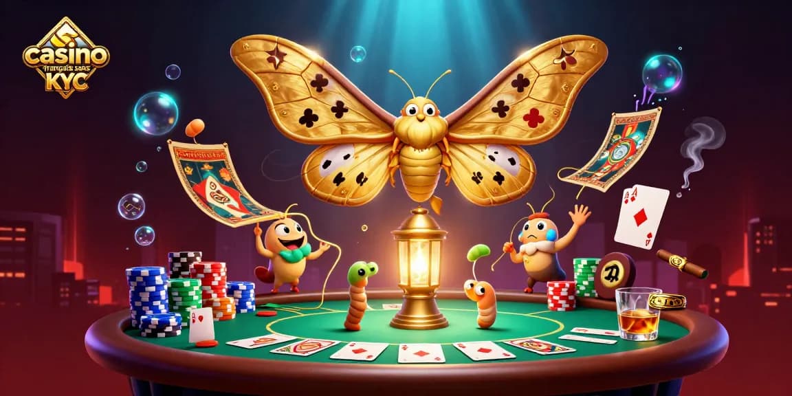 Jouez aux jeux de casino français sans KYC avec un décor de Moth géant et des éléments de poker colorés.