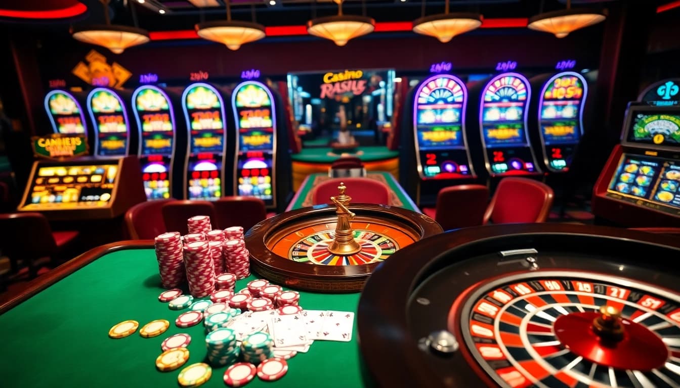 Scène engageante de casino en ligne Français avec une roulette vibrante, des jetons de poker et des éléments de jeu en ligne.