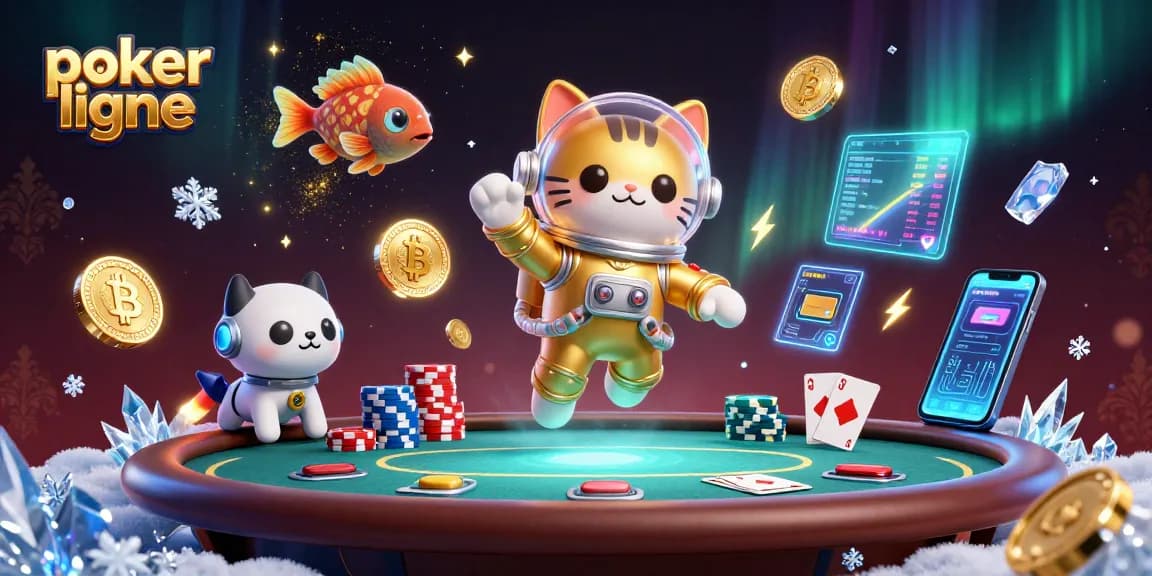 Jouez au poker en ligne dans un univers captivant avec des astronautes et des personnages interstellaires sur une table de poker.