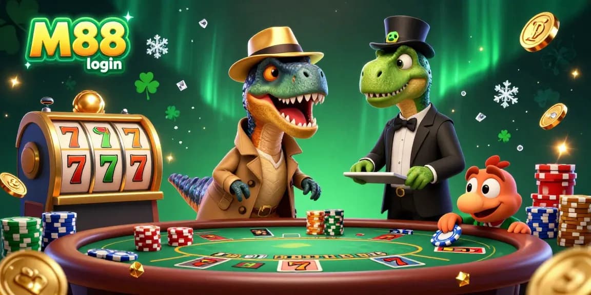 M88 login showcases a cartoon velociraptor blending in at a blackjack table amid dynamic casino elements.