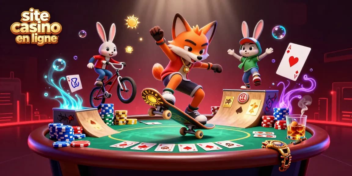 Jouez au site casino en ligne avec cette illustration colorée de jeux de poker et de casino.