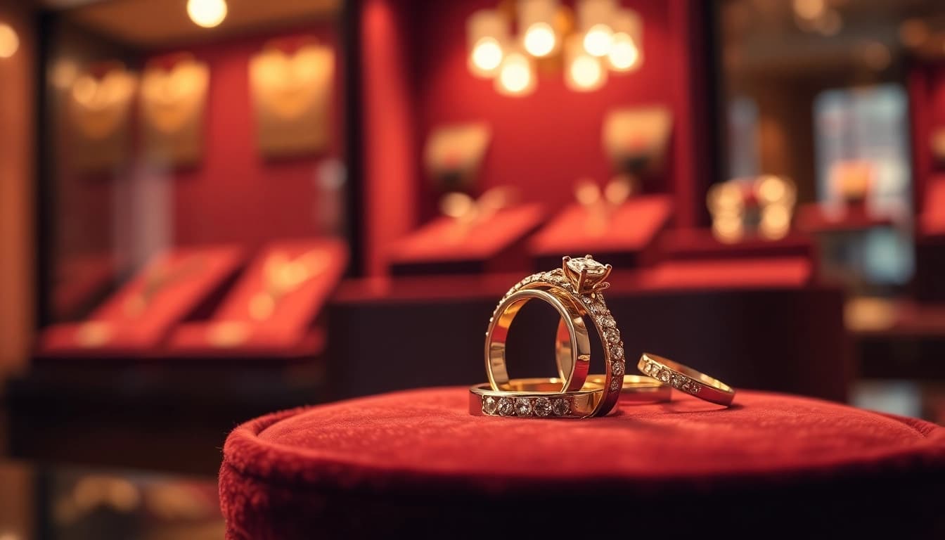 Couple rings highlighting intricate designs and luxurious settings in a romantic jewelry display.