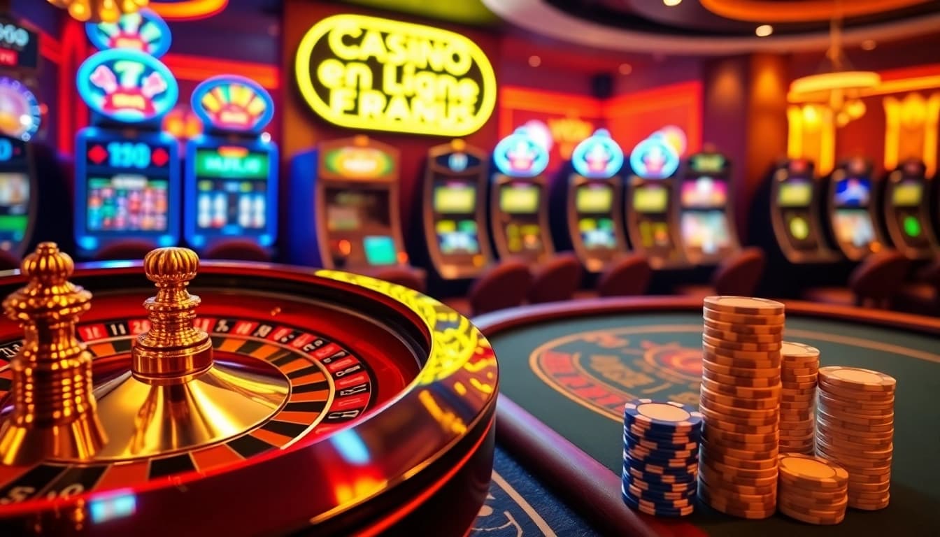 Scène captivante de casino en ligne Français mettant en vedette une roue de roulette virtuelle et une table de poker.
