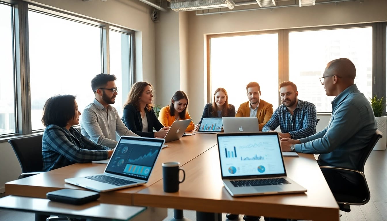 Engaged team analyzing competitive intelligence data in a modern workspace.