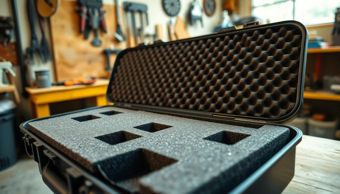 Showcasing high-quality foam for rifle case highlighting precision cutouts.