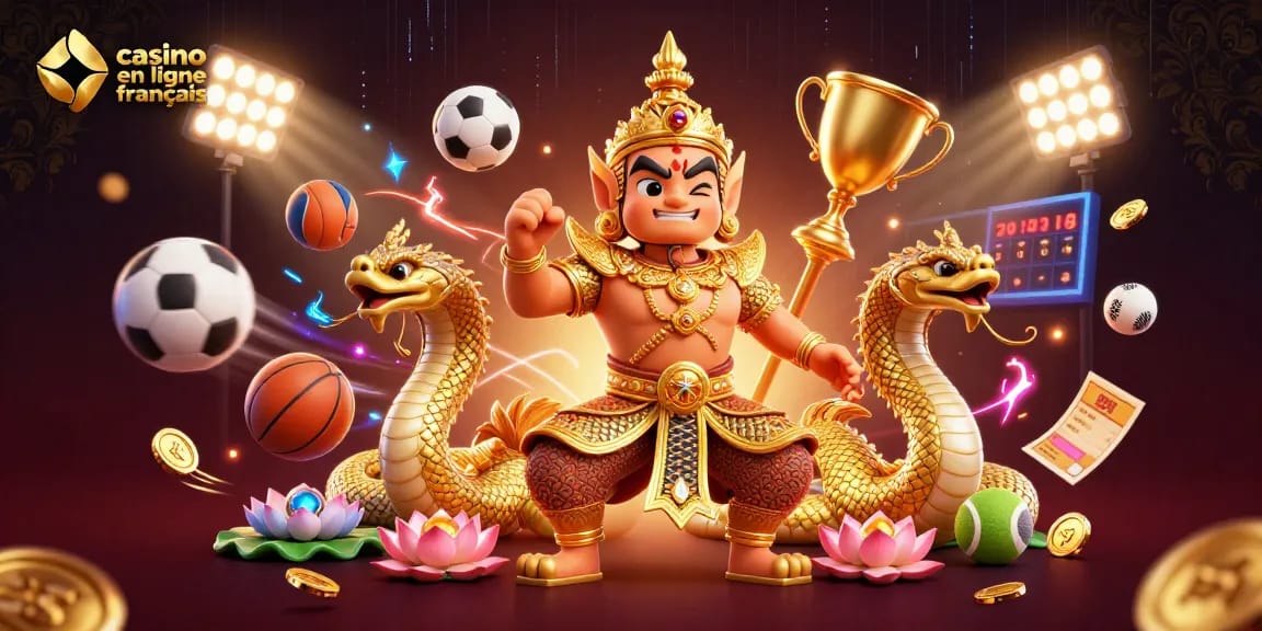 Une illustration 3D captivante mettant en valeur le casino en ligne français avec un gardien thaïlandais et des éléments de jeu.