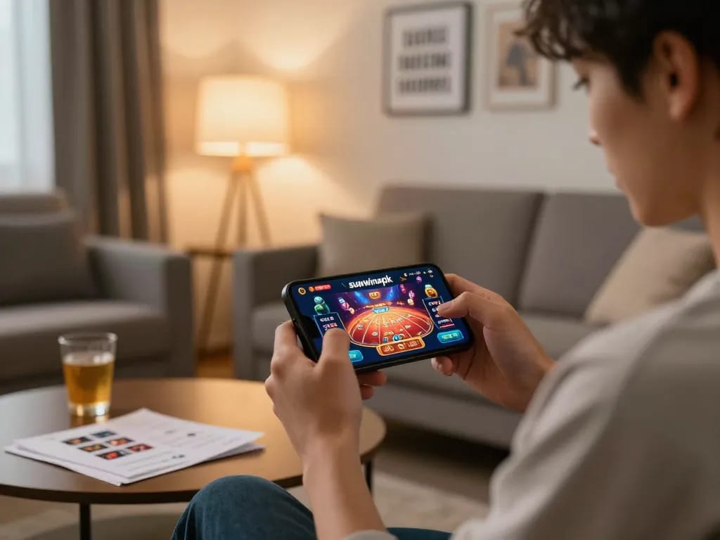 Engaging with sunwinapk app during a casual home gaming session, showing vibrant casino game interface.