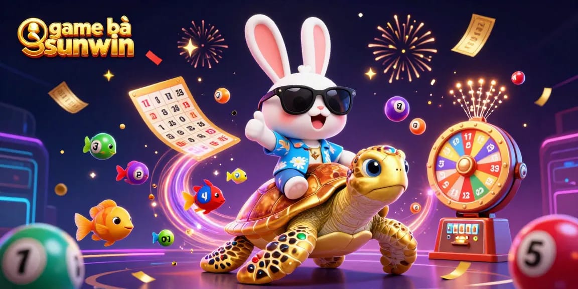 Engage in game bài sunwin with an exciting scene of a lucky rabbit and a golden turtle celebrating wins.