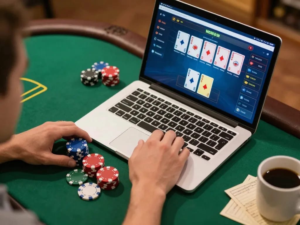 Engaged player strategizing in online poker game on g28 com, showcasing virtual interface and betting excitement.