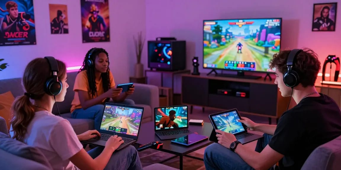 Engaging scene of players discussing xxx games while gaming on multiple devices in a vibrant living room.