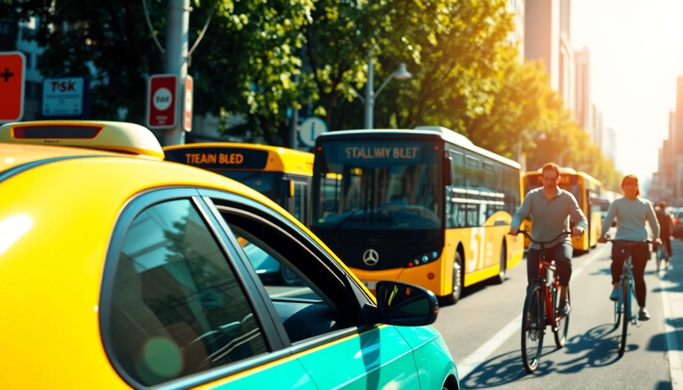 Transportation scene showing a busy urban setting with various vehicles in action.