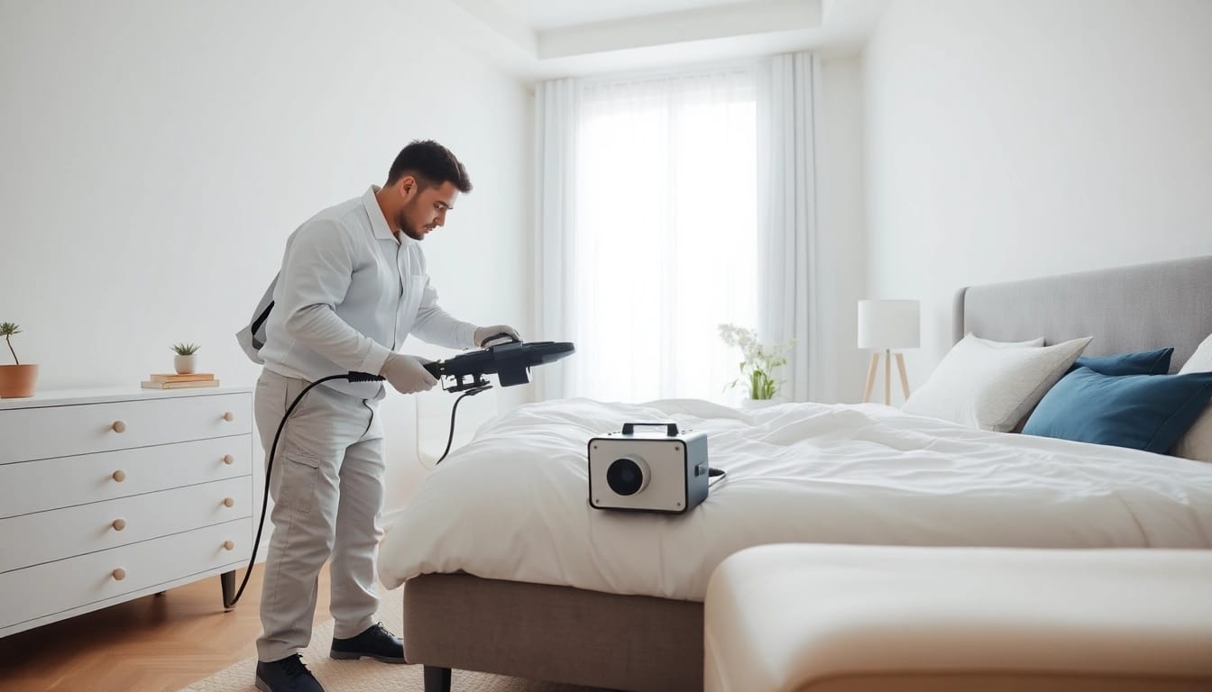 Implementing affordable bed bug treatment with professional techniques in a clean bedroom.