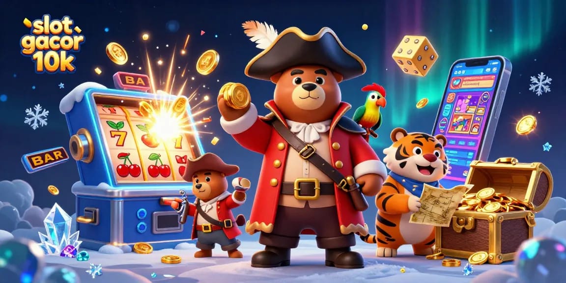 Spin to win with slot gacor 10k—captivating 3D scene of a pirate's jackpot adventure!