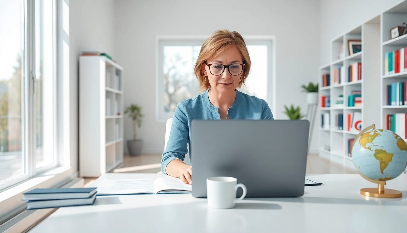 Traducteur professionnel au travail avec des documents, symbolisant les services de traducteur assermenté en ligne.