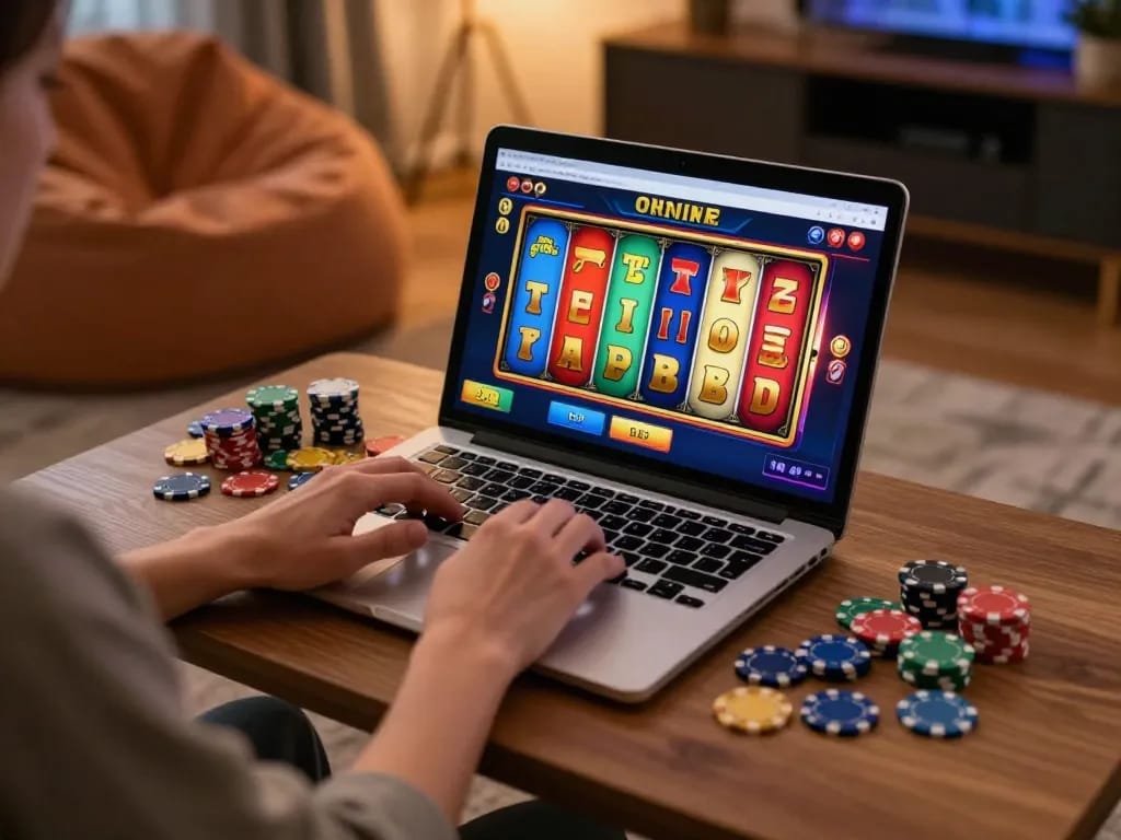 A player spinning slot reels on a laptop, enjoying the excitement of online gambling in a cozy setting