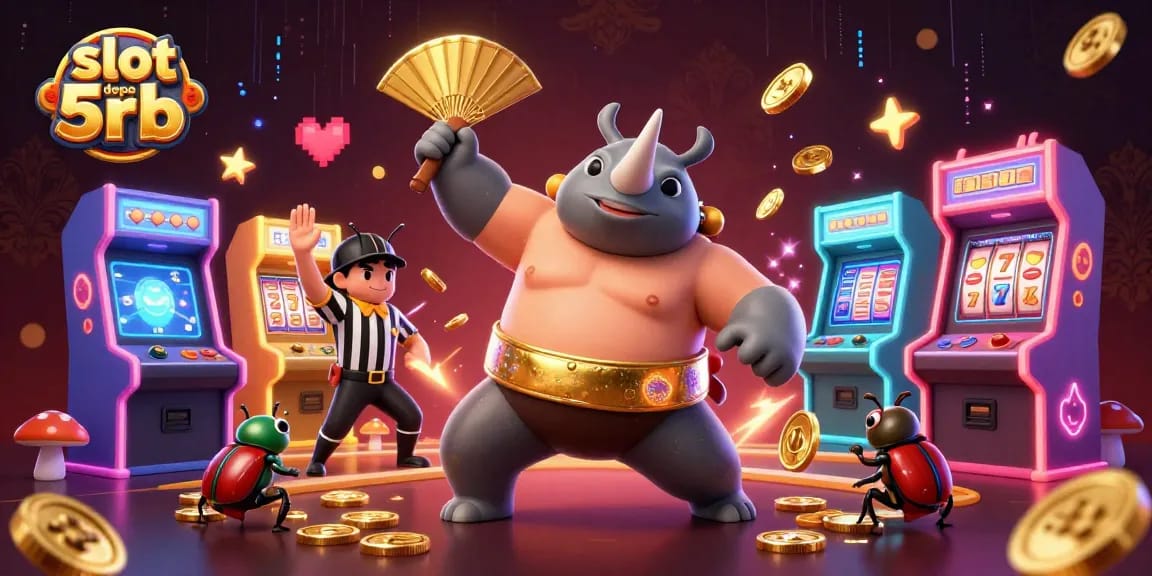 Boost your chances with slot depo 5rb featuring vibrant casino elements and animated beetle champions.