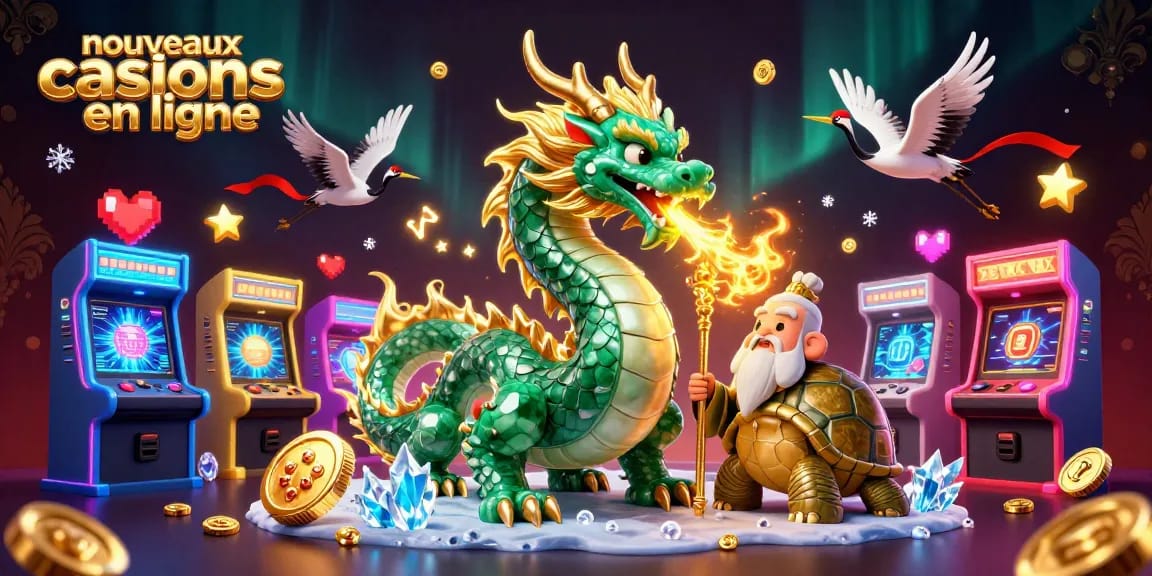 Un dragon émeraude cracheur de feu parmi des machines de jeux dans les nouveaux casinos en ligne.