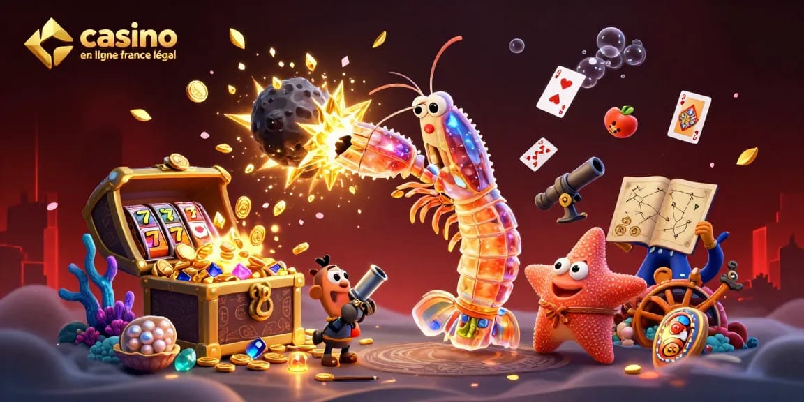 Explorez le casino en ligne légal en France avec des personnages colorés, lots de pièces d'or et machines à sous.