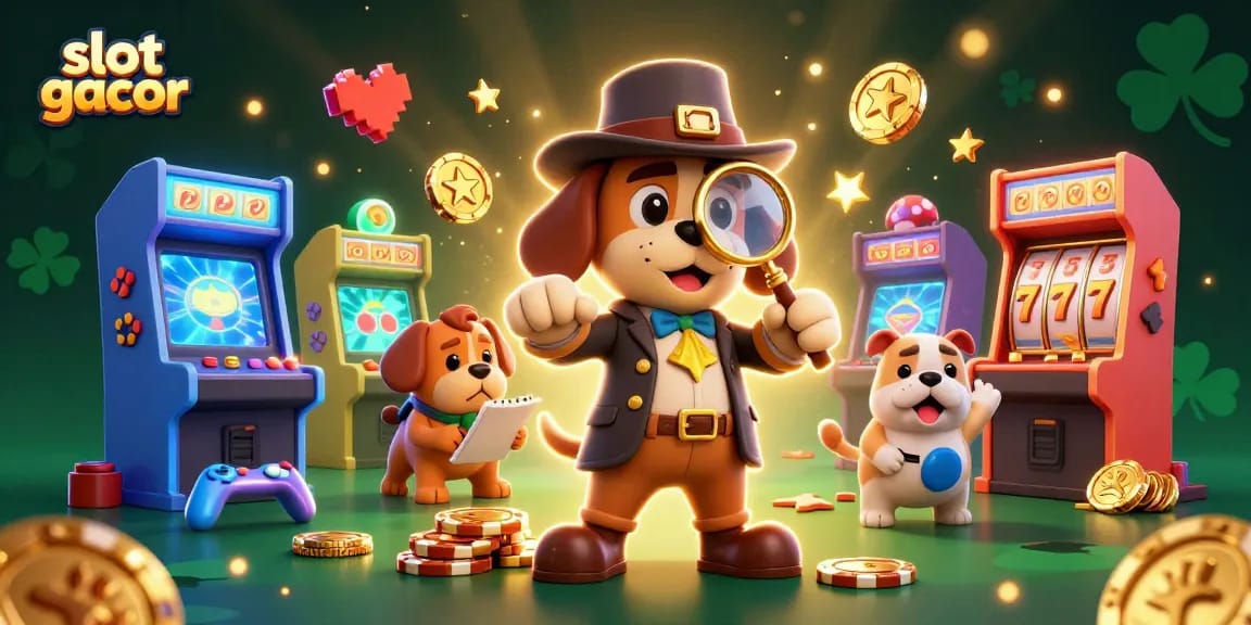 Engage in exciting slot gacor gameplay as a detective uncovers clues and treasures in a dynamic casino scene.