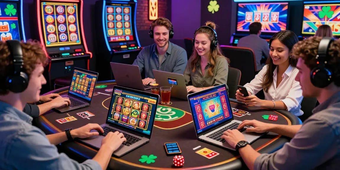 Excited players using credit card casinos UK online, engaging with vibrant games on multiple devices.