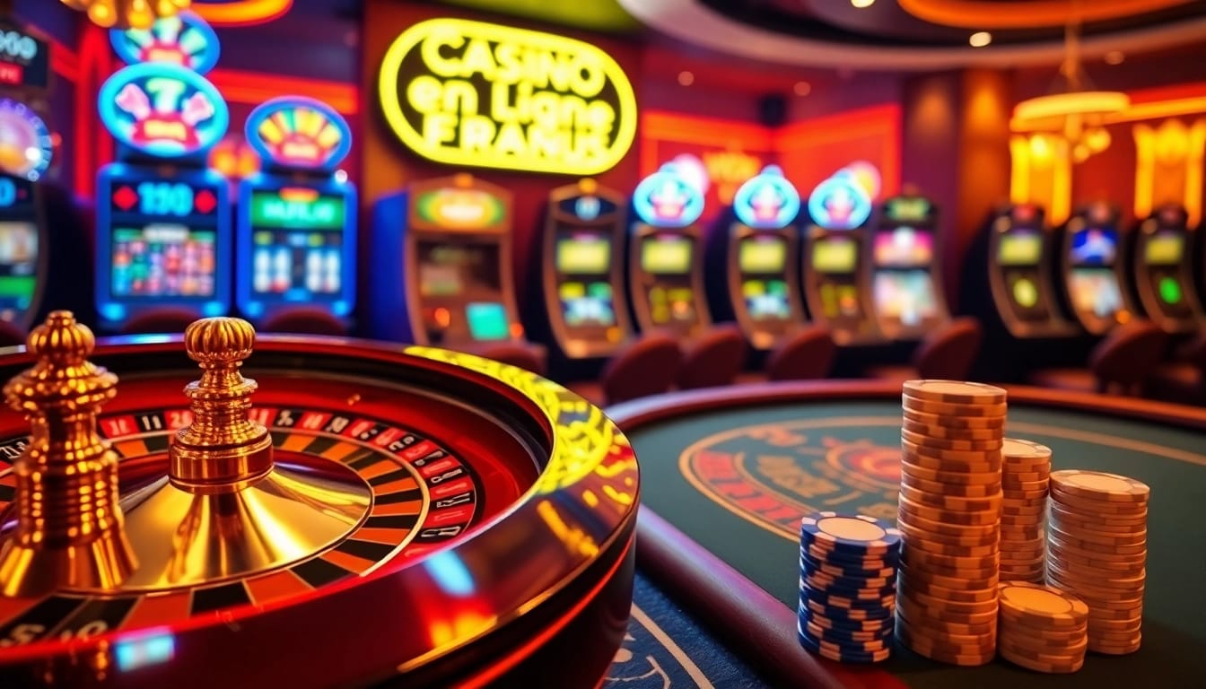 Scène captivante de casino en ligne Français mettant en vedette une roue de roulette virtuelle et une table de poker.