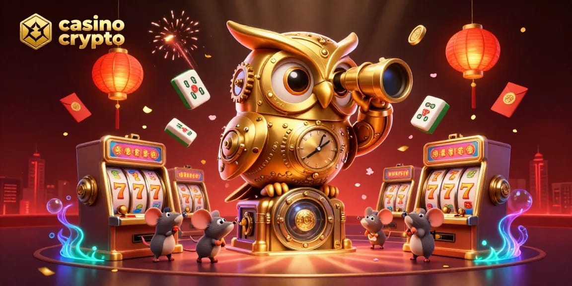 Venez découvrir le casino en ligne crypto avec une illustration animée d'une chouette dorée, machines à sous et décors de jeu.