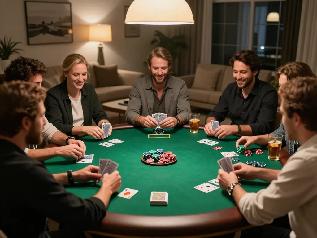 Pemain menikmati permainan poker santai di rumah dengan elemen strategis paris888 terlihat.