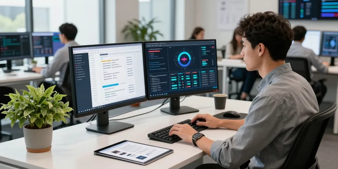 Efficient workspace featuring an ai image detector professional analyzing content moderation data on dual monitors.