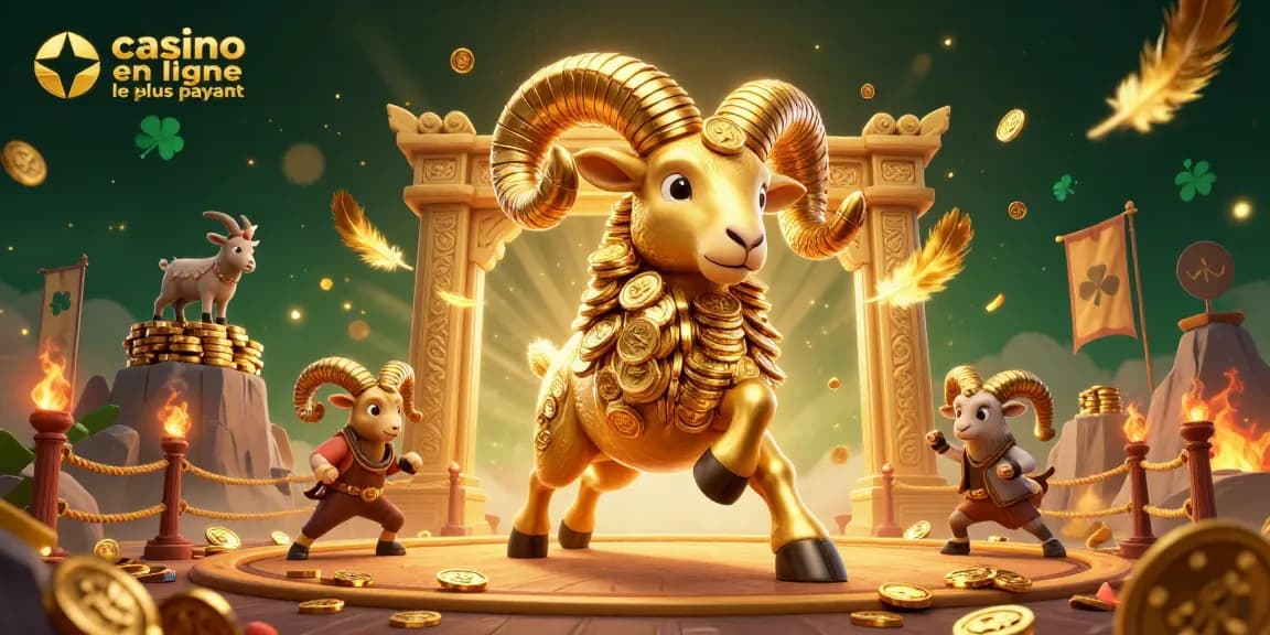 Participer au casino en ligne le plus payant dans une scène de jeu animée avec un bélier doré puissant.