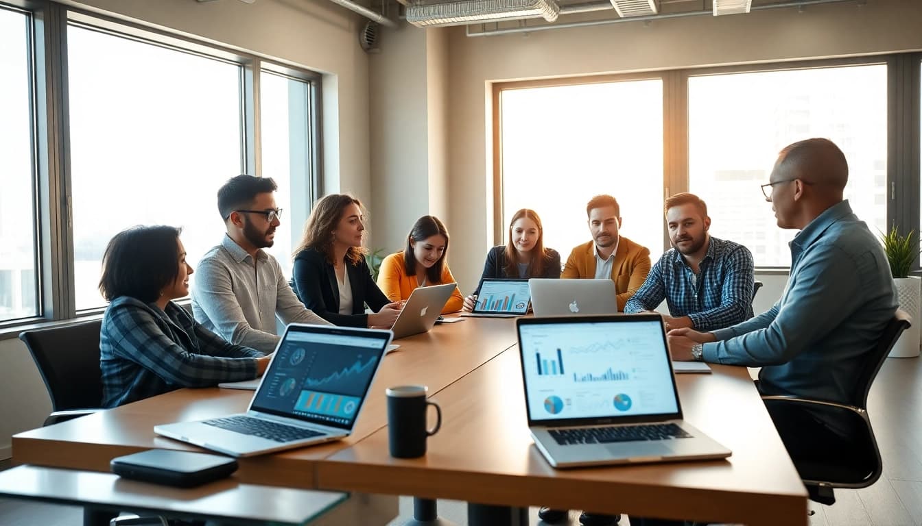 Engaged team analyzing competitive intelligence data in a modern workspace.