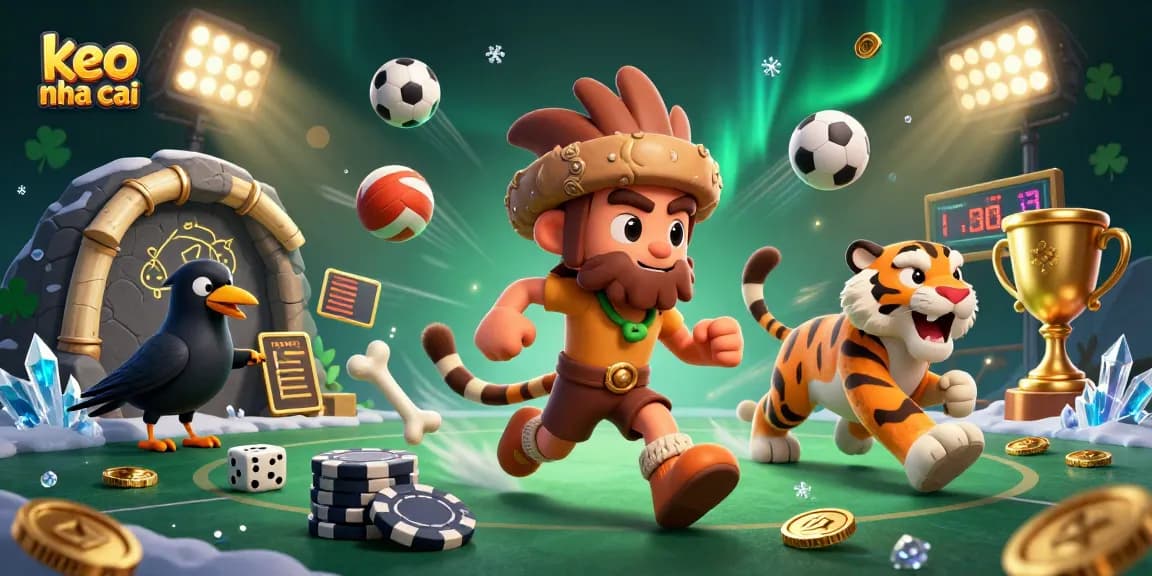 Engage in thrilling sports betting action with keo nha cai, featuring dynamic sports balls and charming characters.