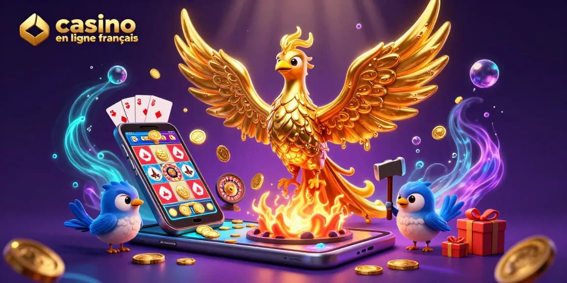 Illustration captivante de casino en ligne français avec un phœnix doré, smartphone de jeu et éléments de casino animés.