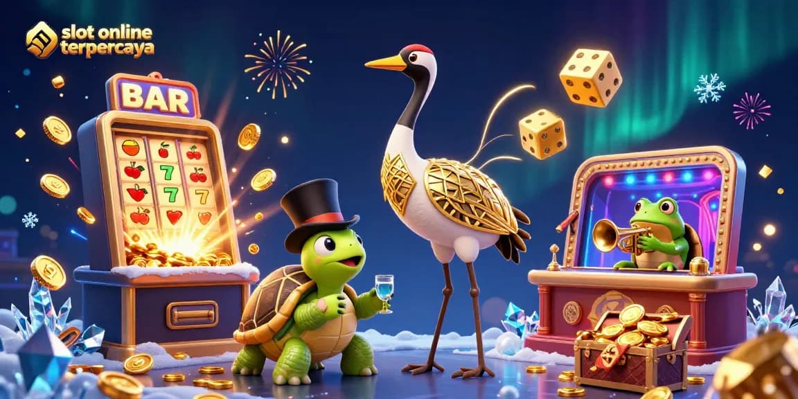 Experience the excitement of slot online terpercaya with a vibrant 3D casino scene featuring various gaming elements.