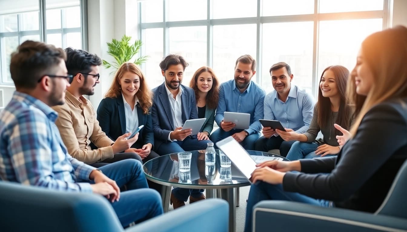 Team discussing AI for competitor analysis strategies in a bright office setting.