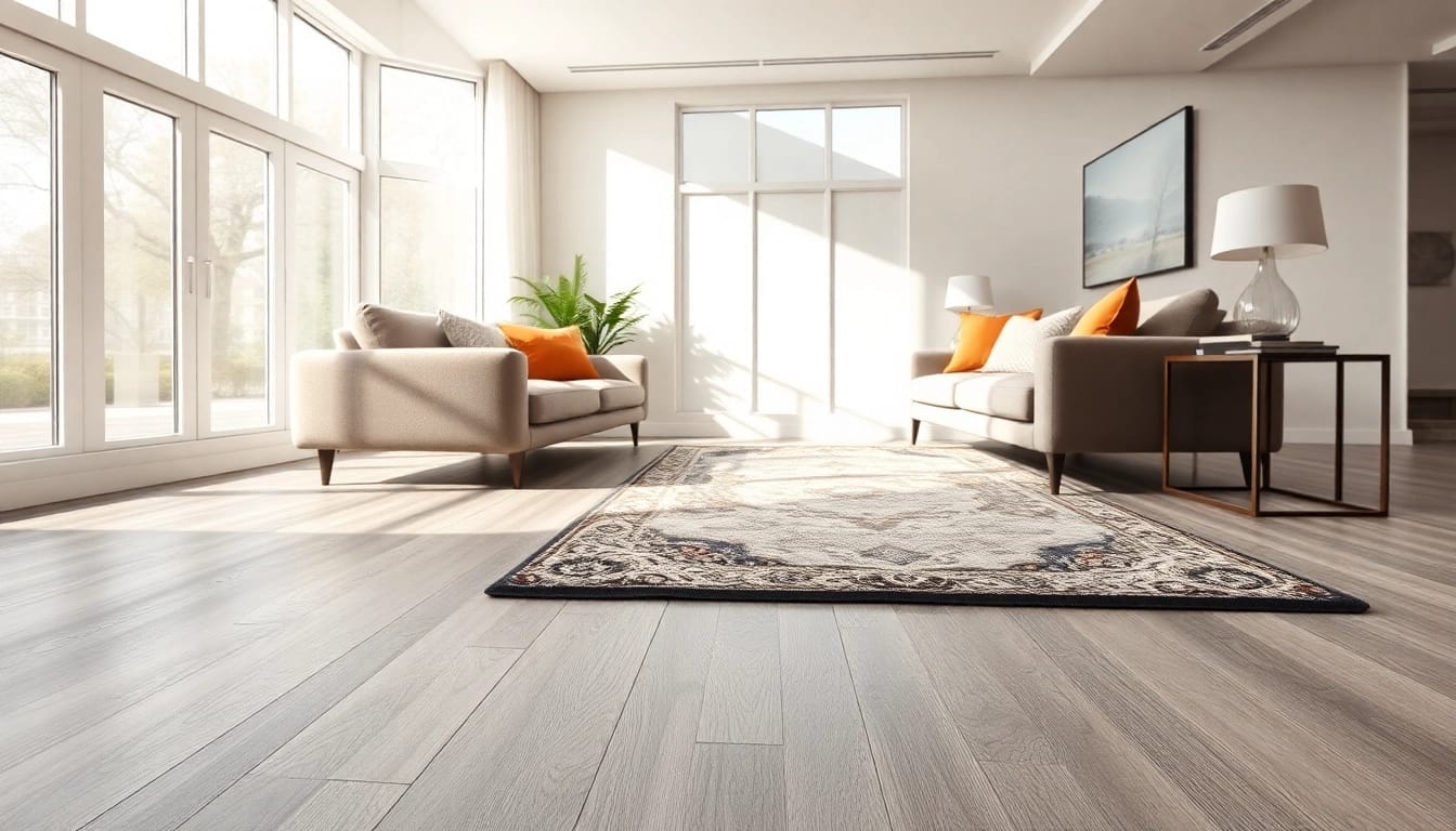 Elegant living room featuring waterproof lvp flooring with stylish decor and natural lighting.
