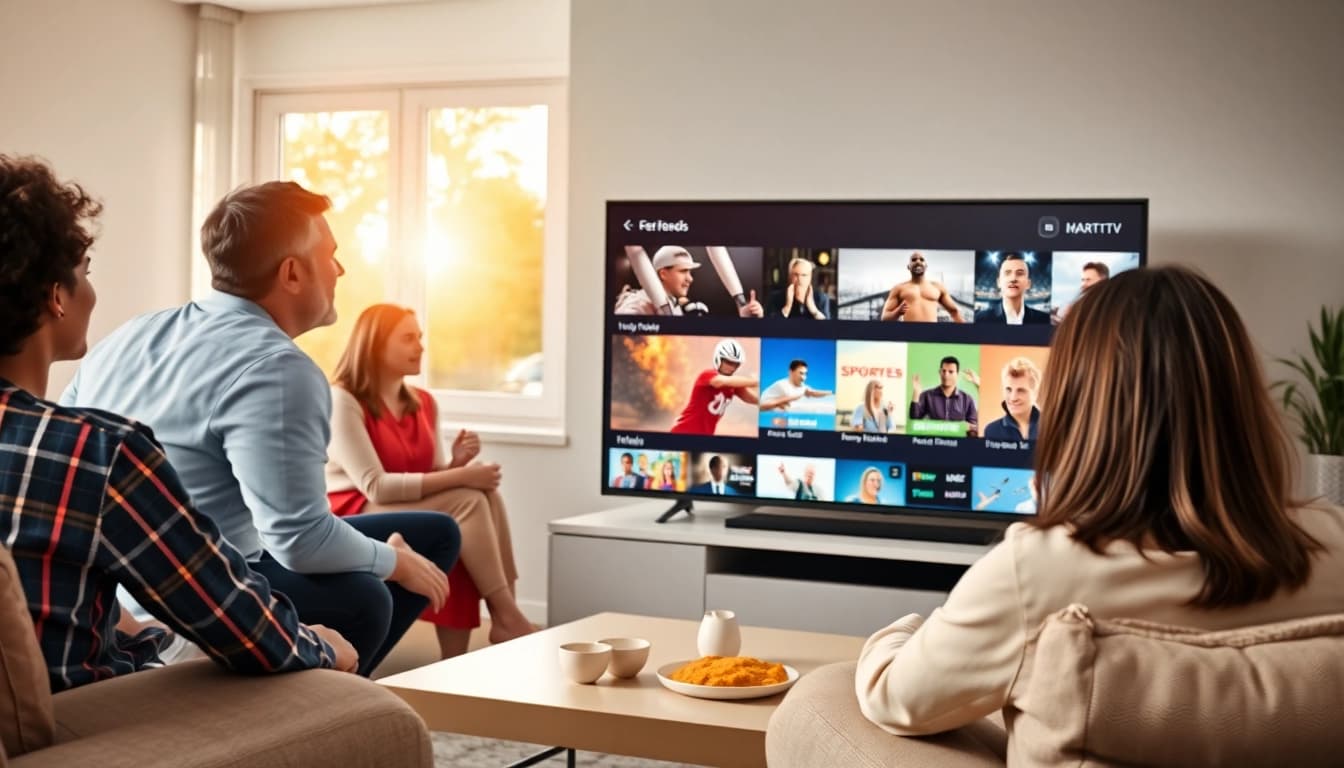 Enjoying IPTV Suisse in a modern living room with family and vibrant content on screen.