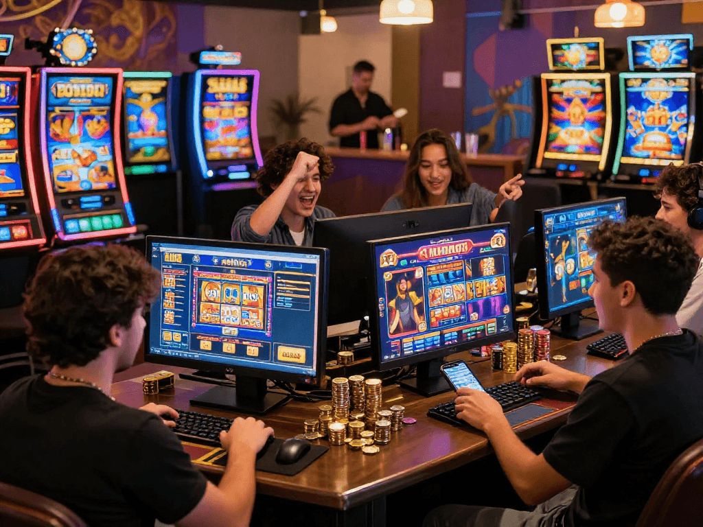 Exciting gaming environment featuring the best bonus buy slots in the UK, with players enjoying vibrant slot machines and cohesive ambiance.