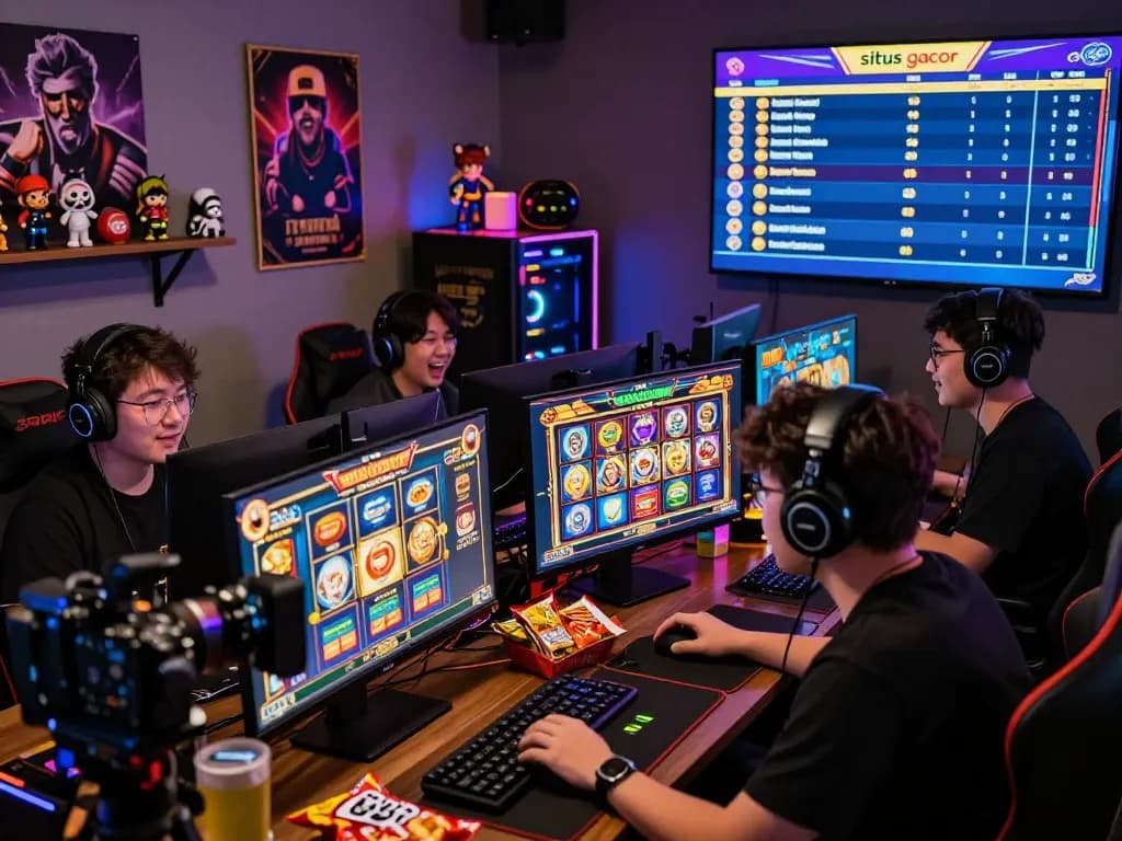 Players celebrating big wins on situs gacor games during a live stream session, showcasing an immersive gaming atmosphere.