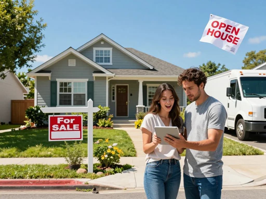 Sell my house fast for cash with a couple excitedly reviewing offers in front of their house.